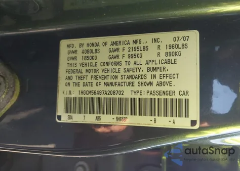 2007 Honda Accord 2.4 Lx z USA, uszkodzony, nr VIN 1HGCM56497A208702